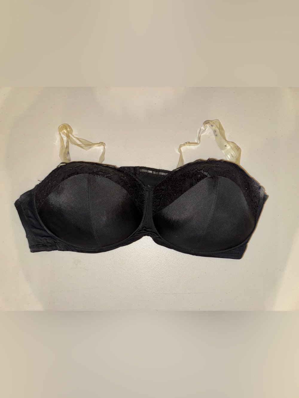 Ashley Stewart Black Strapless Bra with Lace Trim and Clear Convertible Straps